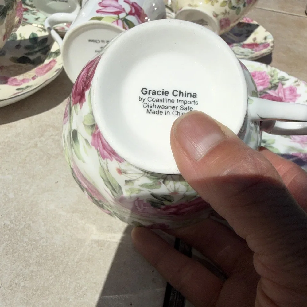 Gracie Tea Set By Coastline Imports Roses Colorful Vintage 9 Piece Lot Gold Rim